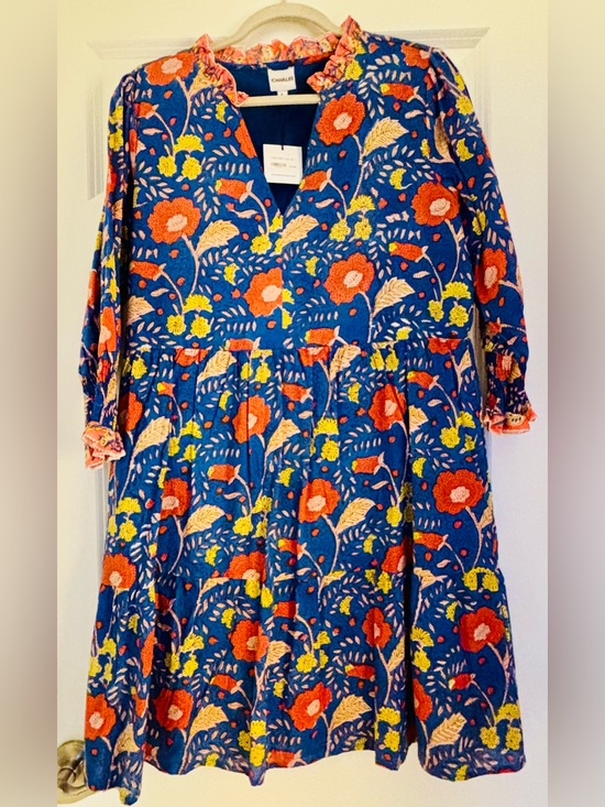 Dresses & Skirts - Charlee  Floral V-Neck Tiered Dress - Blue with Orange & Yellow Flowers